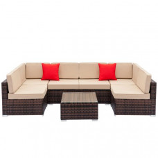 Weaving Rattan Sofa Set with 2pcs Corner Sofas & 4pcs Single Sofas & 1 pcs Coffee Table