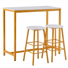 PVC Marble Simple Bar Table Round Bar Stool Golden Paint (One Table and Two Stools) White