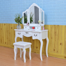 Tri-fold Mirror Dresser with Dressing Stool - White