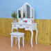 Tri-fold Mirror Dresser with Dressing Stool - White