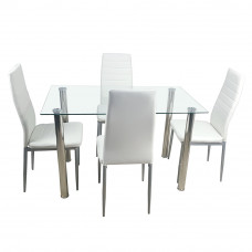 110cm Dining Table Set Tempered Glass Dining Table with 4pcs Chairs Transparent - Creamy White