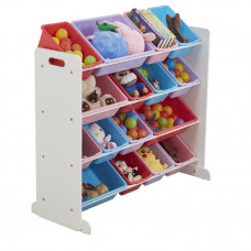 Wooden Kids  Toy Storage Organizer with 16 Plastic Bins X-Large - White / Blue / Pink / Purple